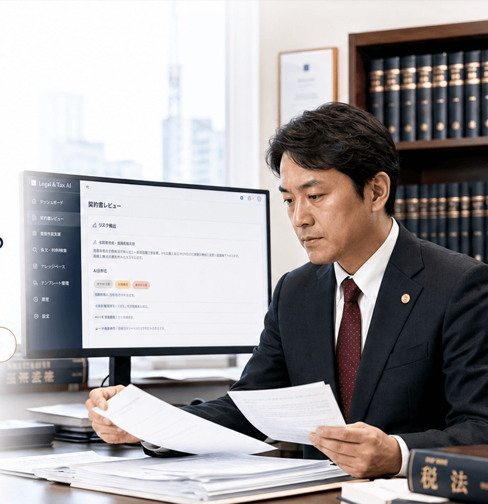 法務AIの書類レビュー画面と士業業務イメージ